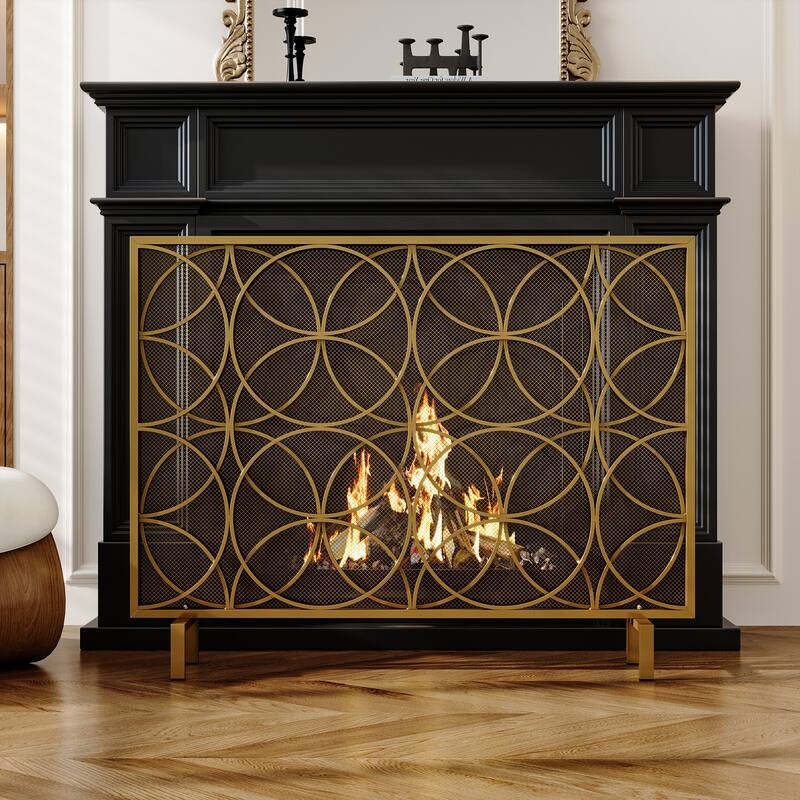 Gold Metal Fireplace Screen, Decorative Single Panel Fire Screen with Geometric Design, Mesh Spark Guard