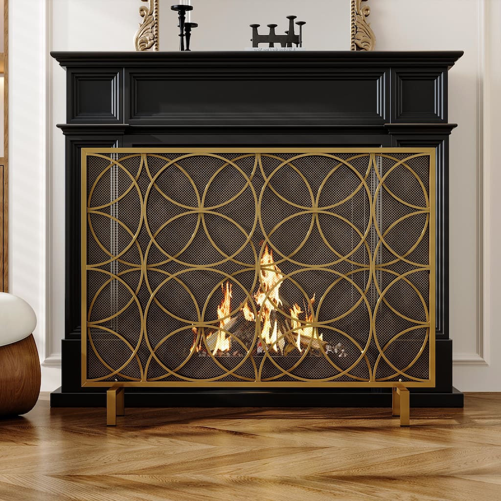 Gold Metal Fireplace Screen, Decorative Single Panel Fire Screen with Geometric Design, Mesh Spark Guard