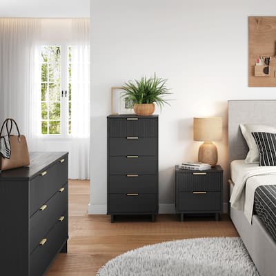 Manhattan Comfort 3-Piece Granville Modern Solid Wood Narrow Chest Dresser Nightstand Set.