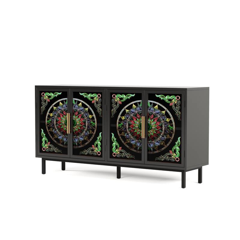 4-Door Accent Cabinet, Painted Glass Buffet Cabinet with Metal Frame