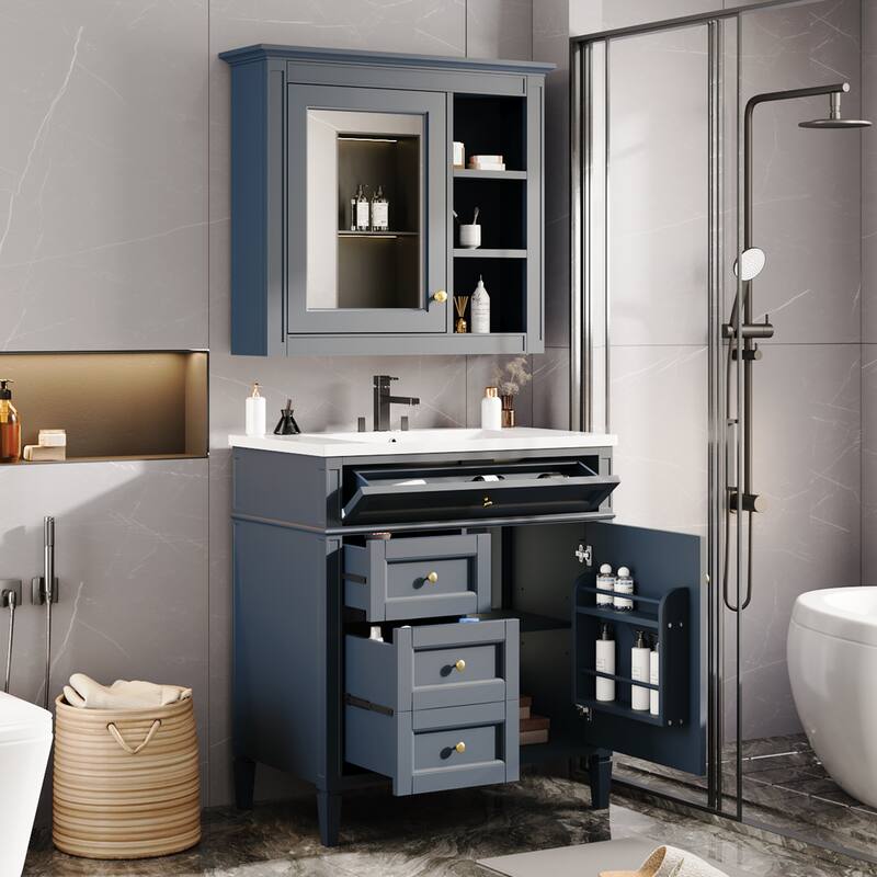 30-Inch Bathroom Vanity with Ceramic Undermount Sink, Mirror Cabinet, 3 Soft-Close Drawers, and Modern Design