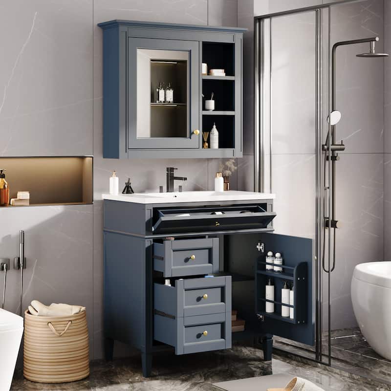 Roomfitters 30 Inch Bathroom Vanity with Sink and Mirror, Modern Storage Cabinet with 2 Drawers and Tip Out Drawer