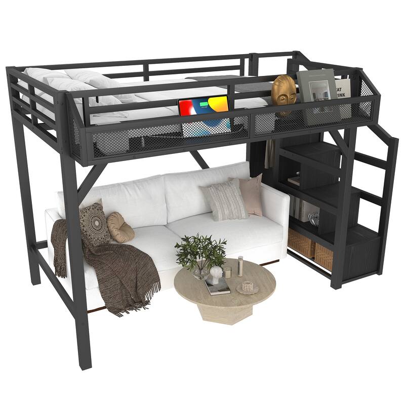 Twin XL Loft Bed with Storage Stairs, Shelves and Built-in Wardrobe, Metal Loft Bed Frame with USB Ports and LED Lights