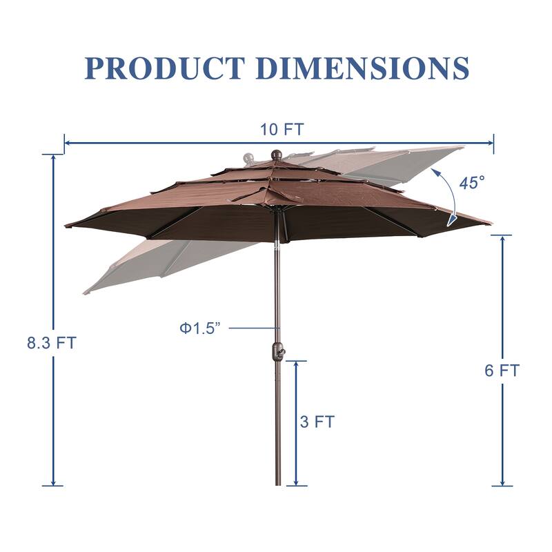 Aoodor Patio Umbrella 10 ft. for Dining Table Outdoor Market Yard Use 3 Tier Ventilation (Umbrella only)