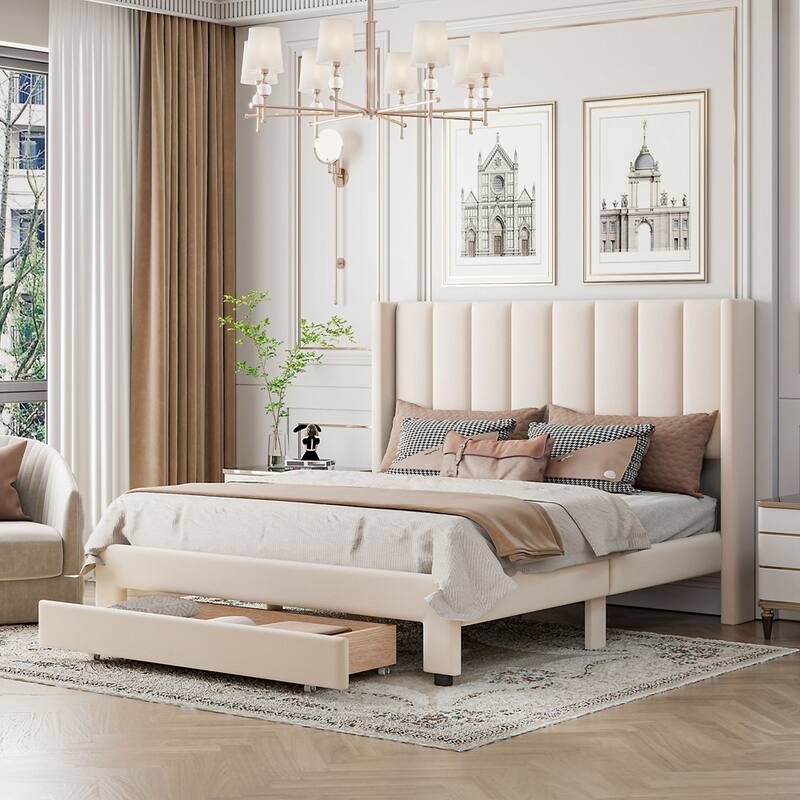 Upholstered Platform Bed with a Big Drawer