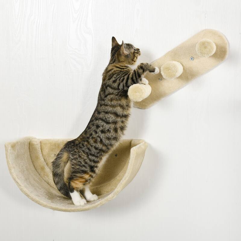 PawHut Cat Wall Shelves, 4 Pcs Cat Wall Furniture Cat Climbing Shelf with Cat Hammock, 3 Steps, Perches, Scratching Postfor