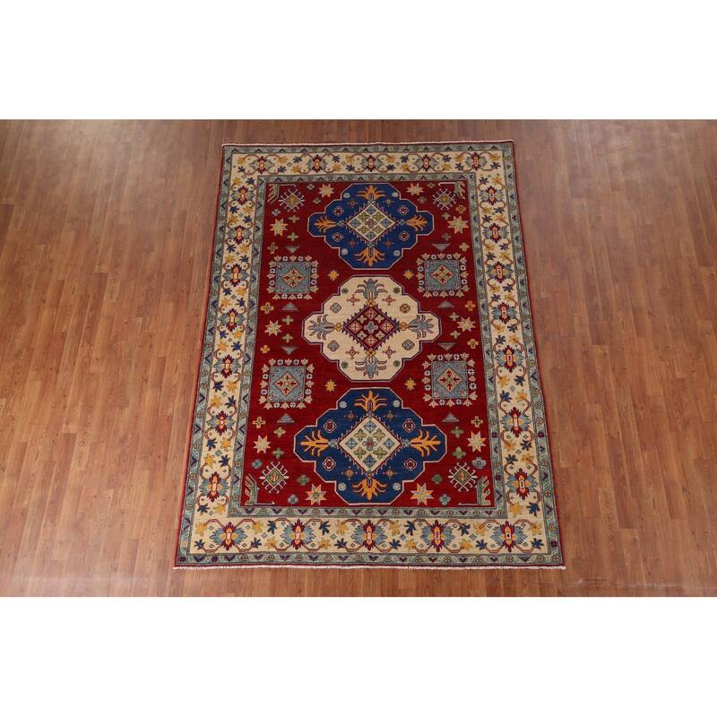 Hand Knotted Oriental 100% Wool Carpet Traditional Geometric Red Kazak Area Rug - 8' 7'' X 6' 2''
