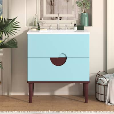 30" Bathroom Vanity Cabinet and Ceramic Sink Combo Set, Solid Wood Frame Bathroom Storage Cabinet with 2 Drawers - 30 Inch