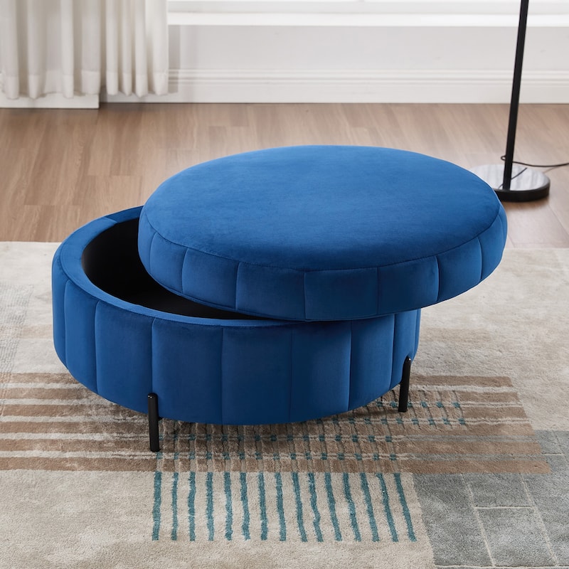 Roomfitters Round Velvet Storage Ottoman Coffee Table, Reversible Lid Footrest for Living Room Bedroom Office