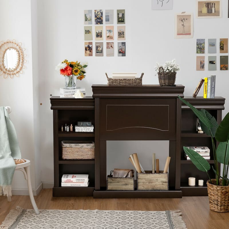 70-Inch Brown Media Entertainment Center with Bookcase and Fireplace Cabinet - 70" x 11"x 45"(L x W x H)