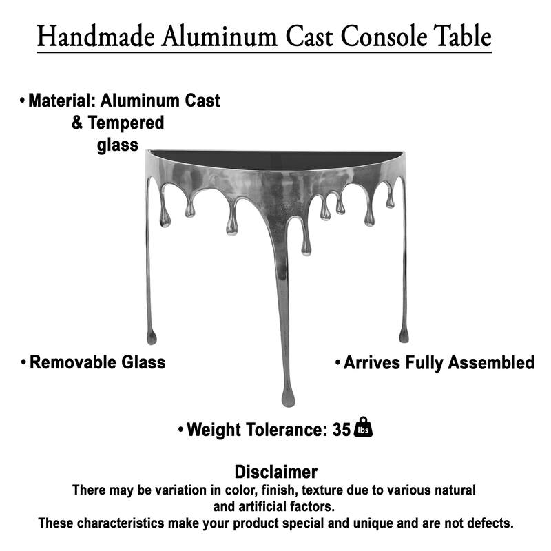 Capri Sofa Console Table Half Moon Glass Top Melting Drip Design Aluminum Cast Silver