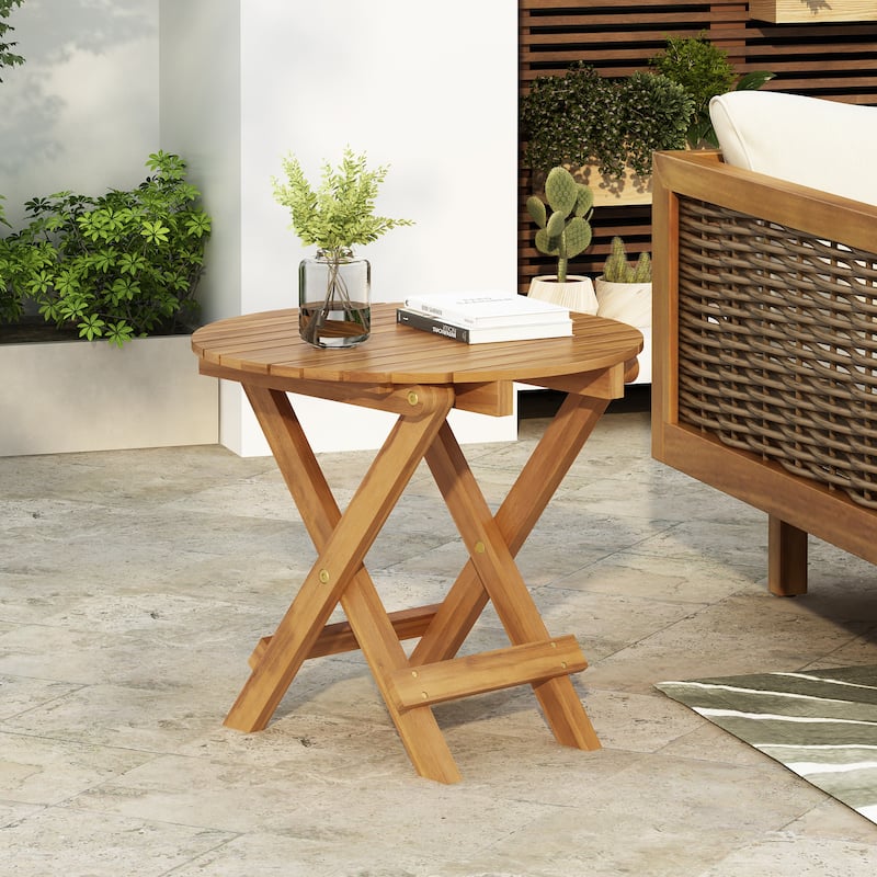 Roomfitters Round Folding Outdoor Side Table with Slatted Acacia Wood Top and Crossed Legs, Portable Patio Table, Natural