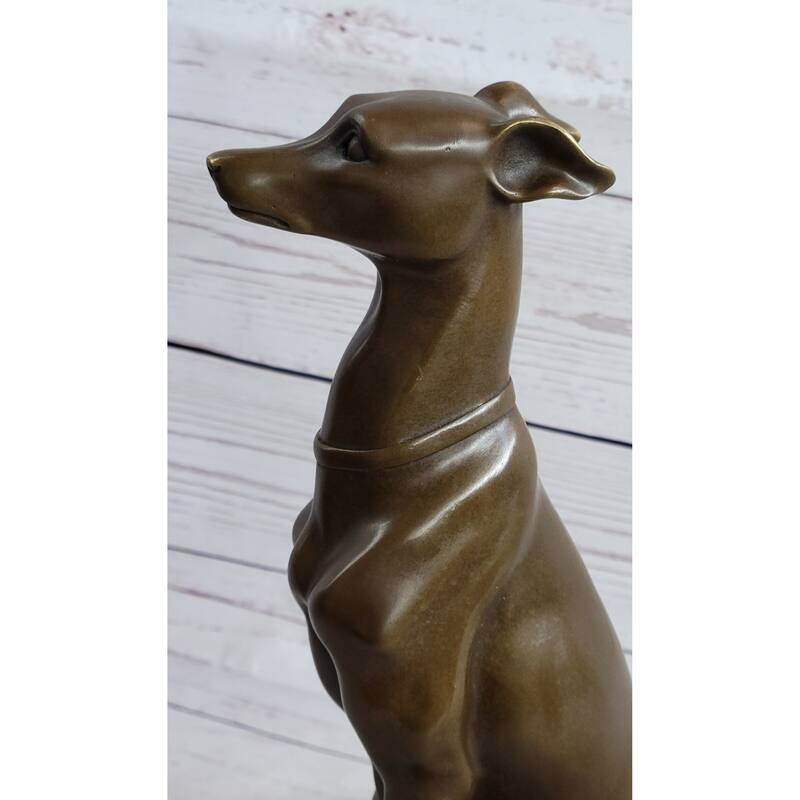 Greyhound Guardian Imitative Dog Bronze Metal Statue Sculpture Signed On Marble Base