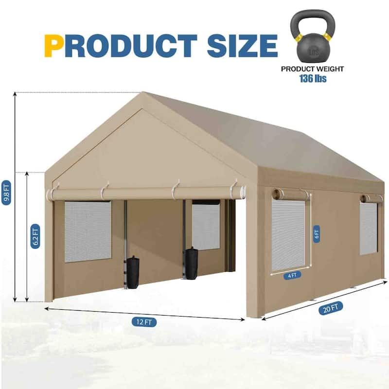 Futzca 12x20 ft Carport Canopy, Waterproof Outdoor Shelter with Sandbags