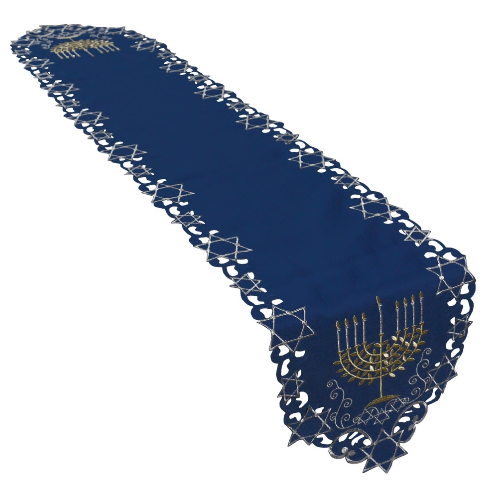 blue and gold hanukkah embroidered table runner