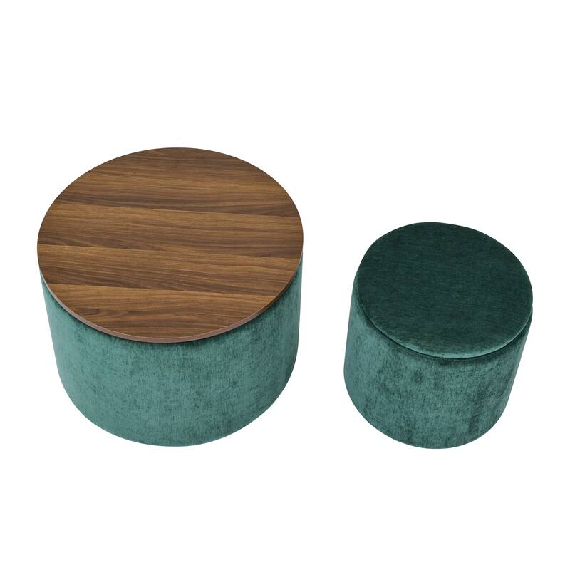 Roomfitters 2-Piece Round Chenille Storage Ottoman Set with Drum-Shaped Stool and MDF Top, Hidden Compartment
