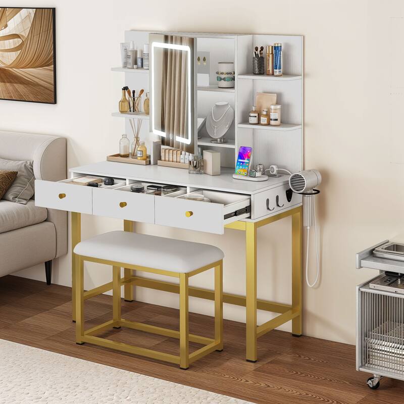 Moasis 3 Drawers Makeup Vanity Desk Set with Lights and Mirror & Stool - White
