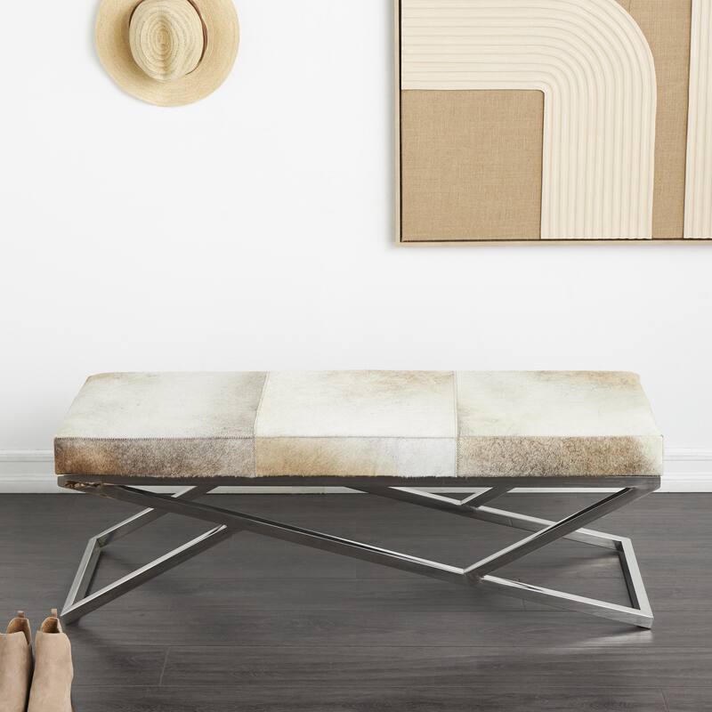 Leather Geometric Home Bench with Angled Silver Metal Base - Light Grey - Roche River Decor
