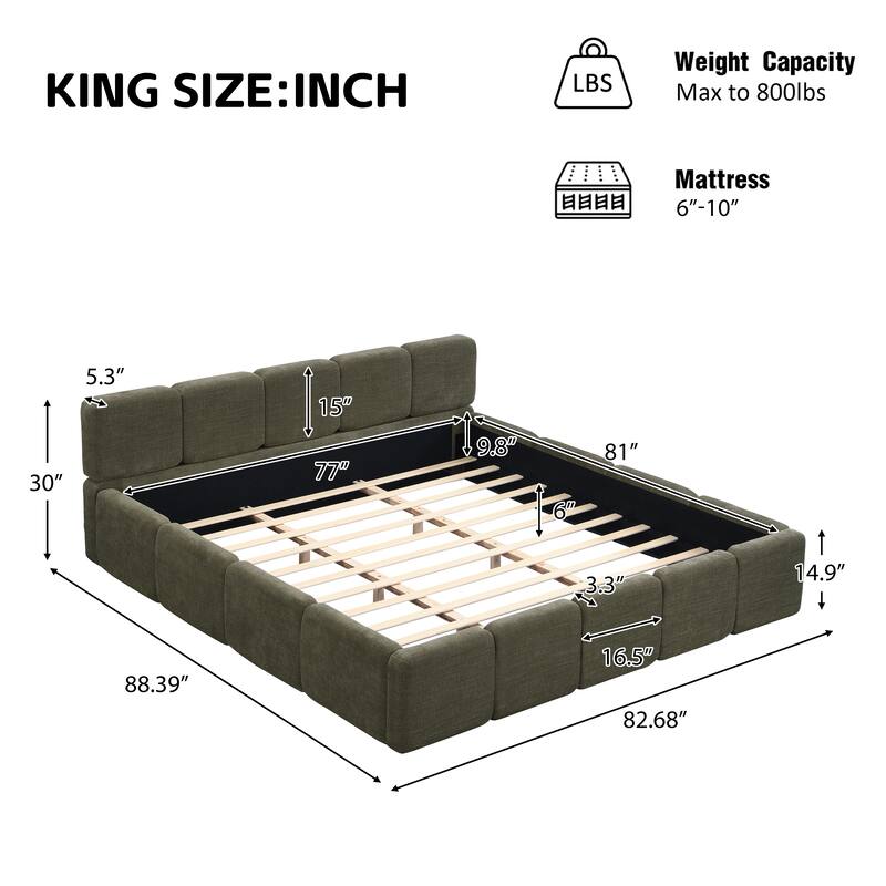 Boucle Upholstered Bed Low Profile Grounded Bed Block-shape Floor Bed Wingback Platform Bed with Thick Headboard and Footboard