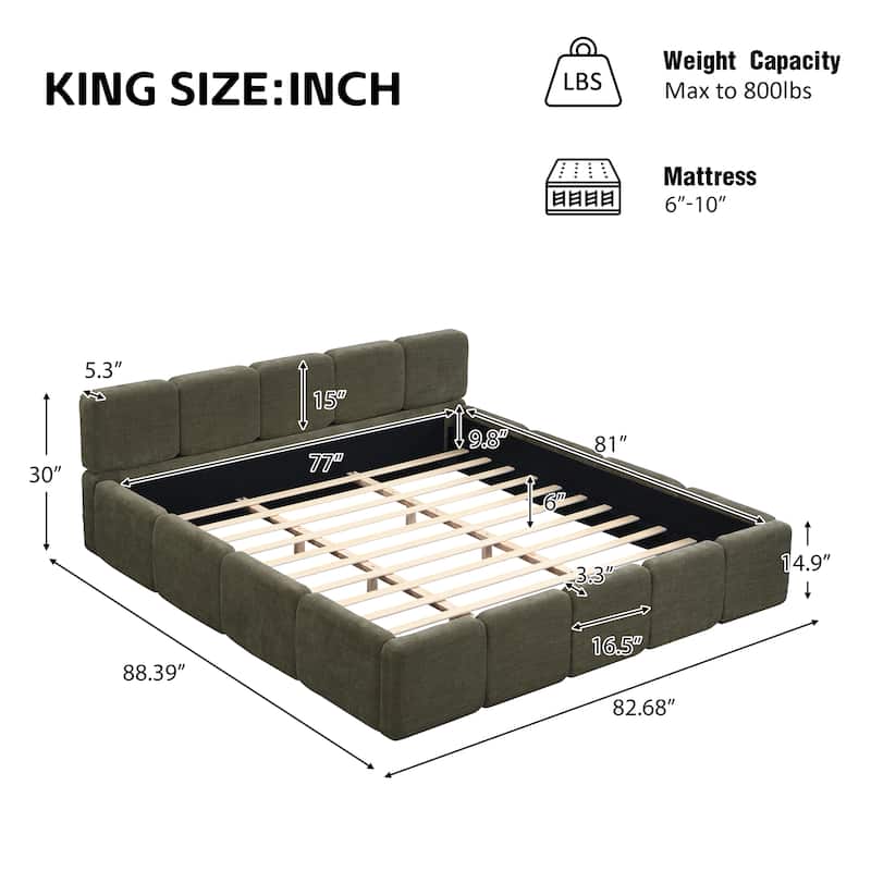Modern Upholstered Bed Frame Block Style Grounded Bed with Thick Headboard, Lowprofile Wingback Bed Floor Bed Platform Bed Frame