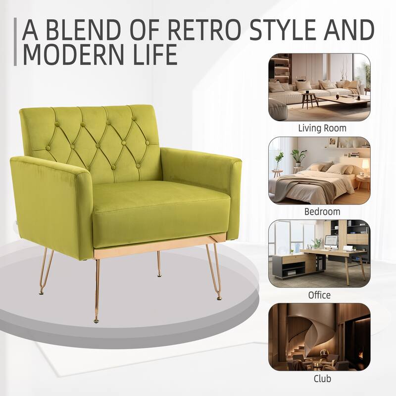 Velvet Upholstered Armchair Single Sofa Modern Tufted Reading Chairs Gold Metal Leg Wingback Chairs for Living Room Bedroom