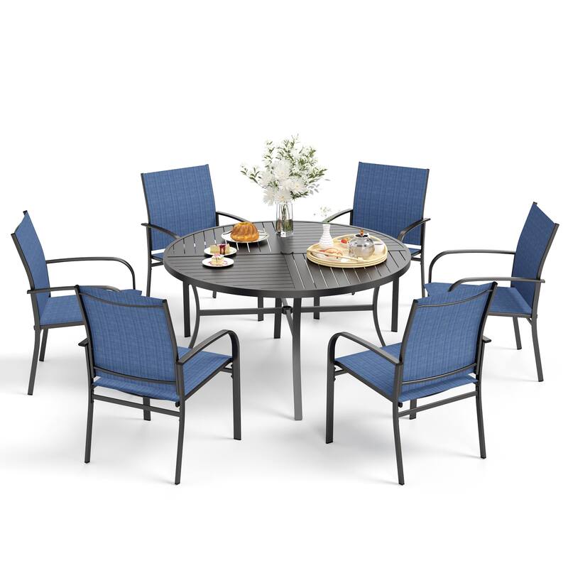 MAISON ARTS 7-Piece Patio Dining Set for 6, Large Round Dining Table with Umbrella Hole & Textilene Dining Chairs
