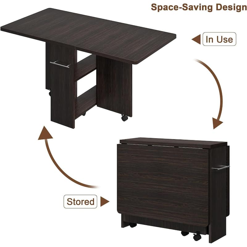 Folding Dining Table, Space Saving Farmhouse Dining Table for 4 Storage Shelf, 6 Wheels Multipose Expandable Kitchen