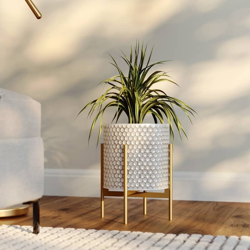 Honeycomb Mid-Century Modern Indoor Metal Pot Planter with 4-Leg Metal Base - 14.75" H  x 11.75" W - Multi