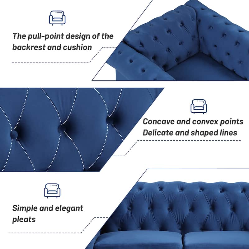 3pc Deep Seat Velvet Sofa Set w/ Sofa Covers & Nailheads Armrest, Blue ...