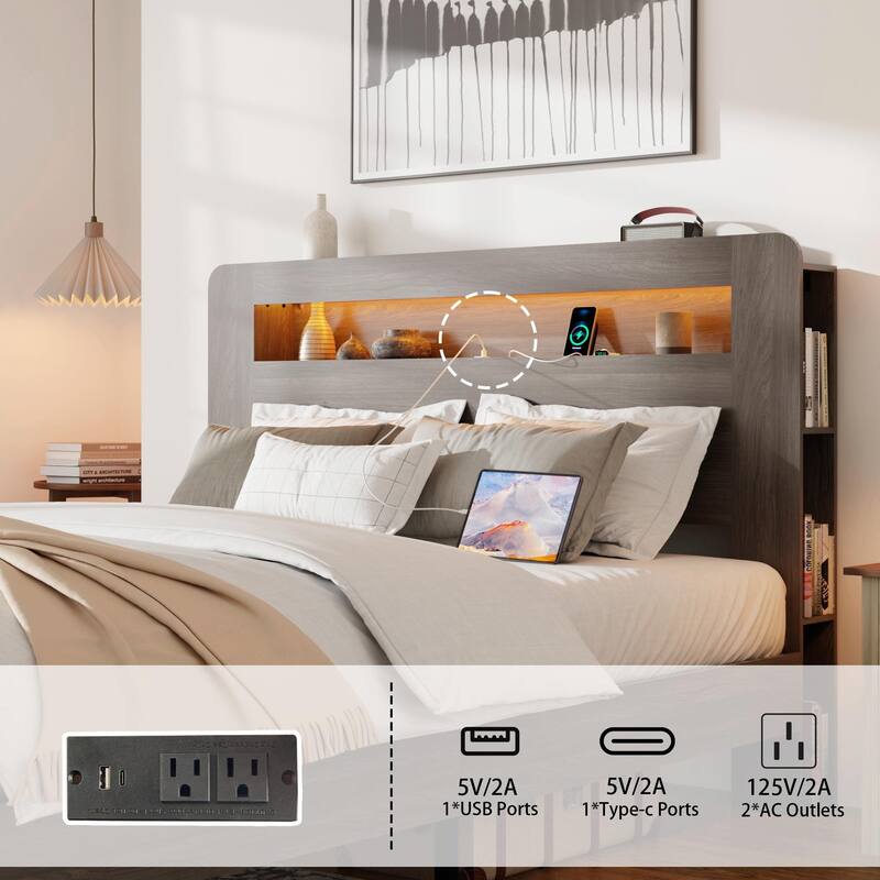 Wood Platform Bed Frame with Storage, LED Light Headboard and 2 USB Ports, Noise-Free