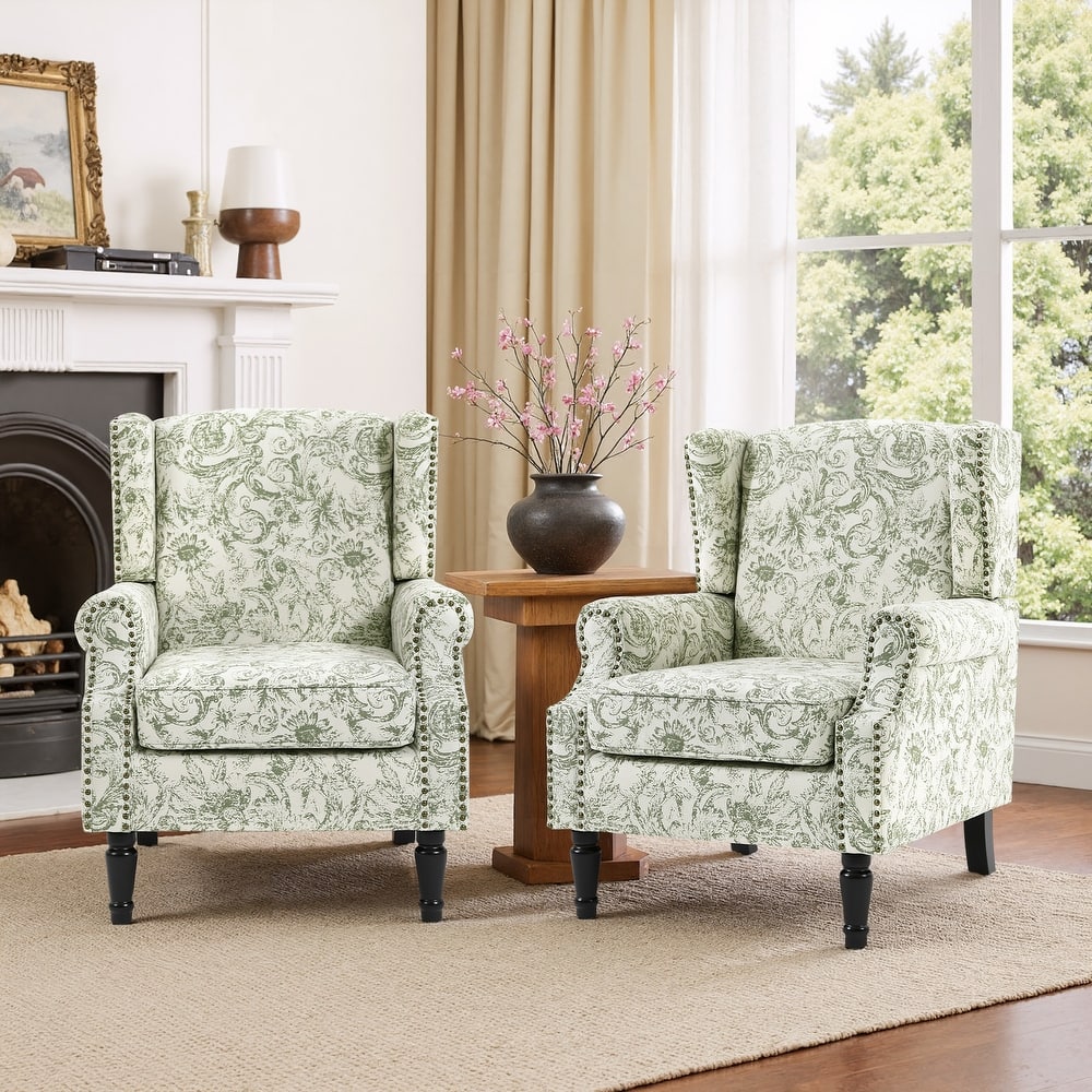 2 Set Traditional Patterned Wingback Accent Chairs with NailHead