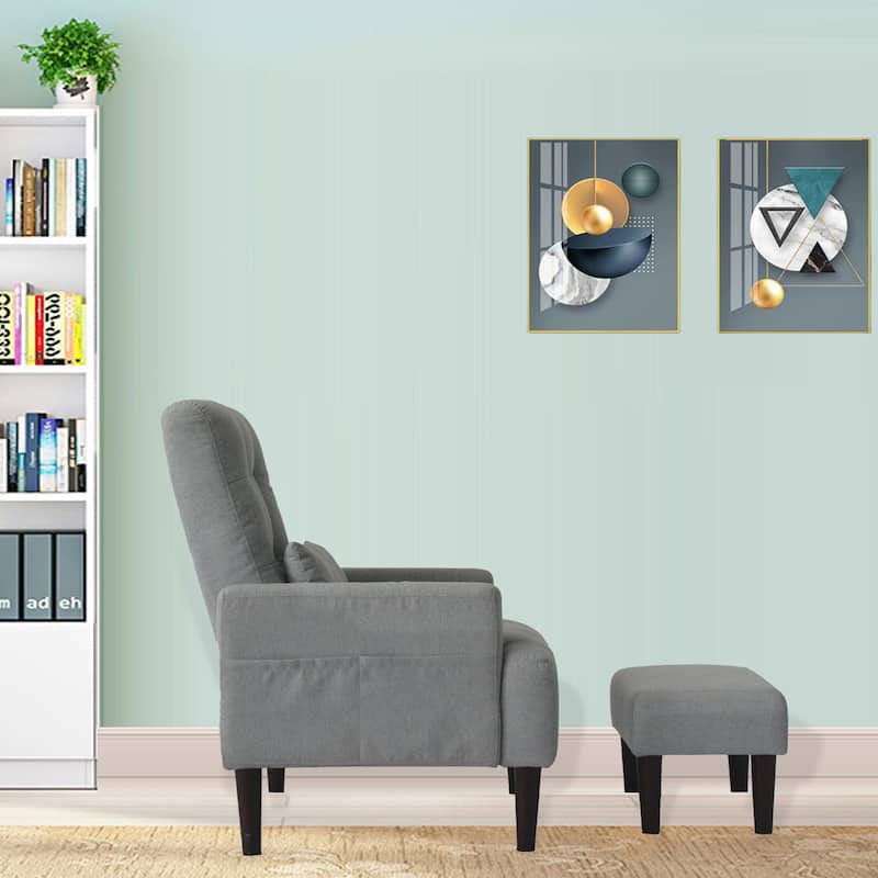 Gray Modern 26.77" High Back Upholstered Multi-Function Buttons Tufted Lounge Chair with Ottoman Set
