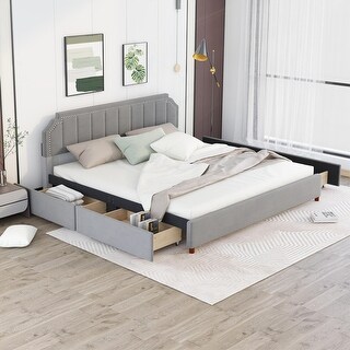 Velvet Upholstered Platform Bed with Four Storage Drawers and Nailhead ...