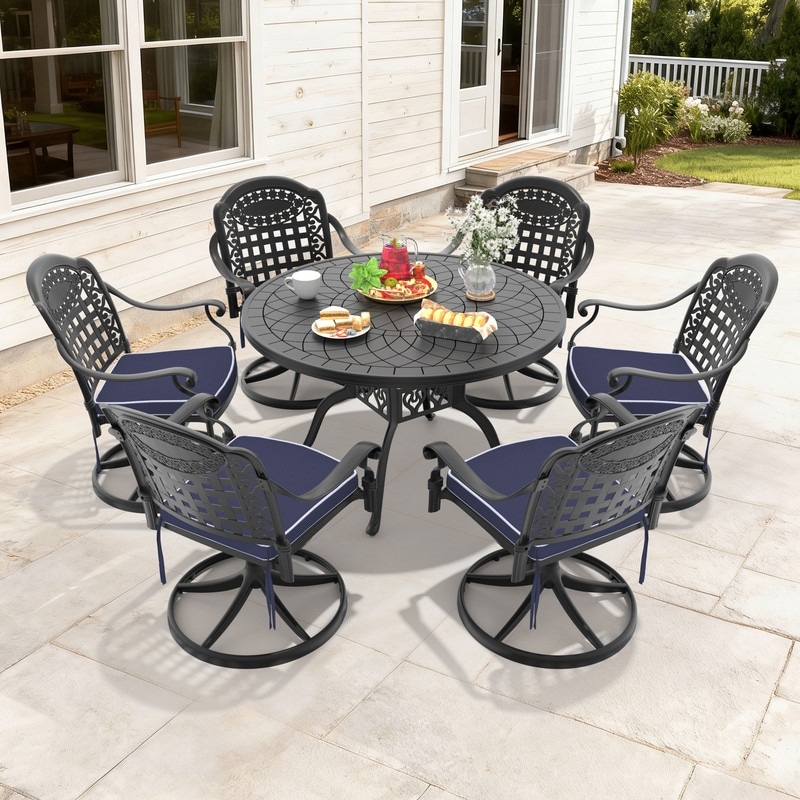 47.24in Round Cast Aluminum Outdoor Dining Table and 6 Swivel Black Frame Outdoor Chairs with Cushions