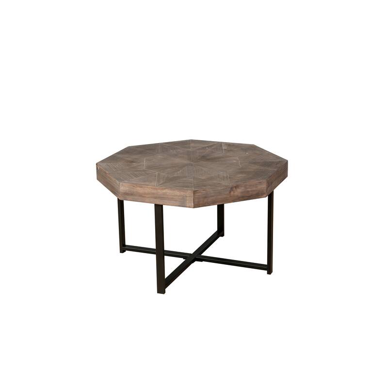 Octagonal Retro Patchwork Farmhouse Coffee Table with Wooden Tabletop Cross Metal Legs, for Living Room Antique Brown