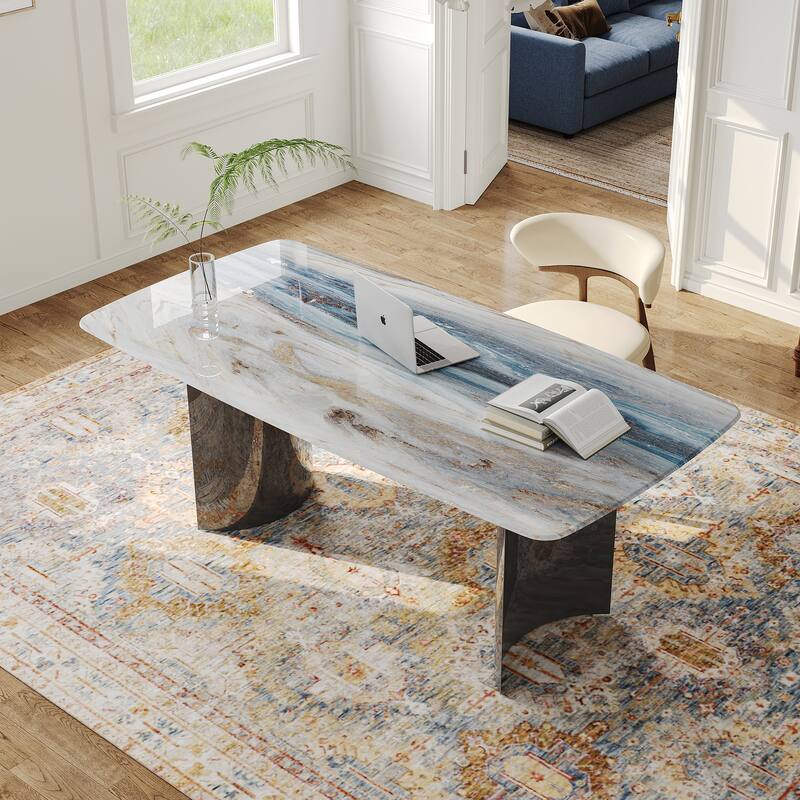 Modern 63" Retangular Wrining Desk, Faux Marble Table Top Desk With Double Legs