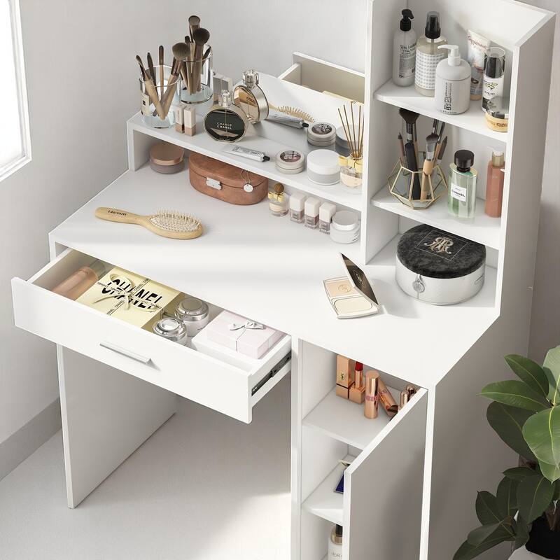 Makeup Vanity Table with Mirror Lights, Adjustable Brightness, Shelves and Drawer, 35.4" Dressing Table