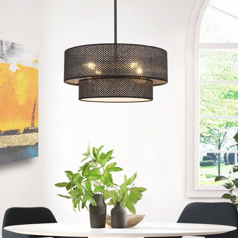 GetLedel 18-in Boho 4-Light Hand Woven Drum Chandelier - 18" - Black