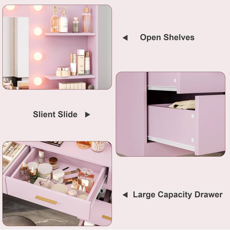 61" Make up Vanity Desk with Mirror and Lights, 3 Lighting Modes Vanity Organizer with Adjustable Brightness