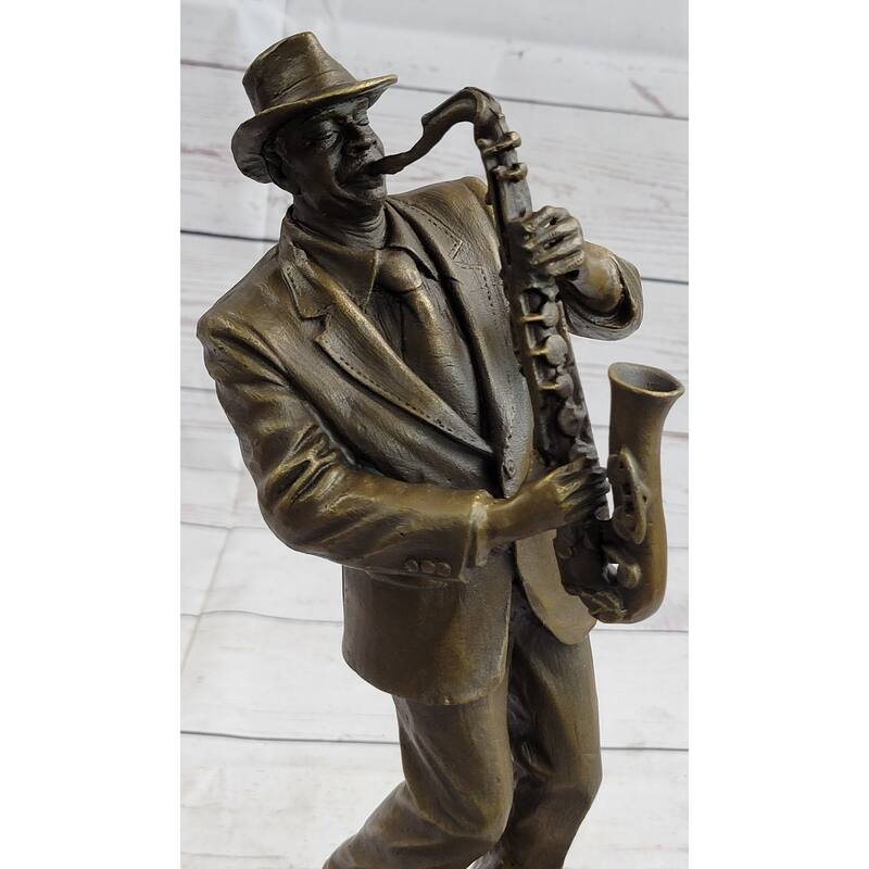 Hot Cast Saxophone Player Bronze Sculpture Marble Base Figurine Figure Home Deco