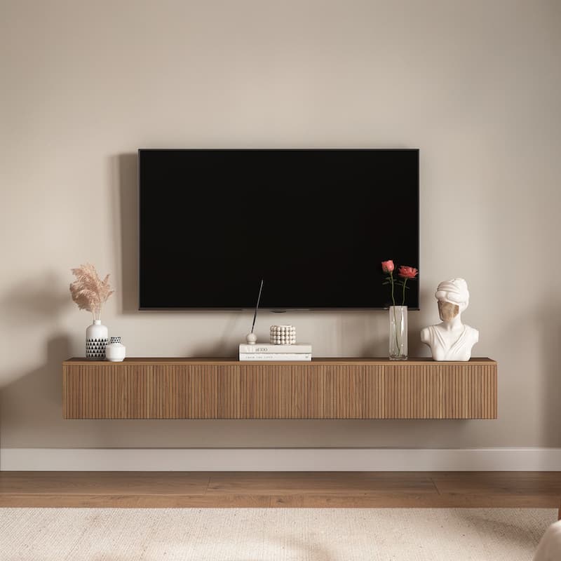 69" Floating TV Stand with 16-Color LED Lights, Wall Mounted Modern Entertainment Center for 55-65 Inch TVs - Wood