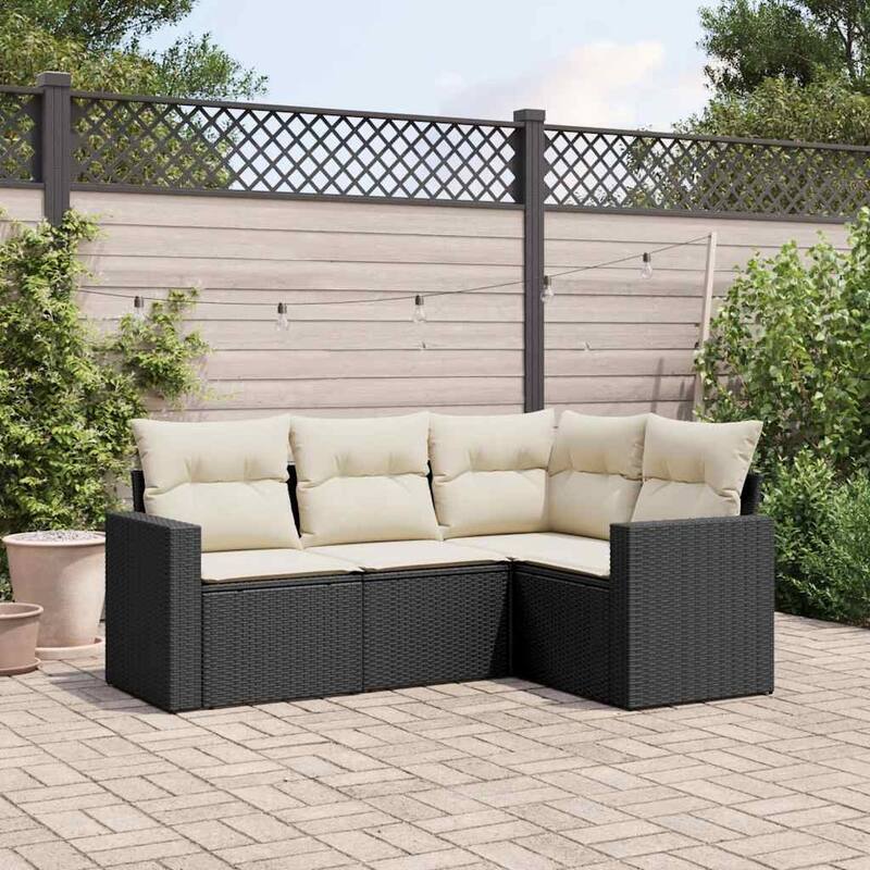 vidaXL Garden Sofa Set 5 Piece with Cushions Outdoor Sofa Couch Poly Rattan - Black and Cream - 71.9 x 24.4 x 27.2 in (W x D x H)