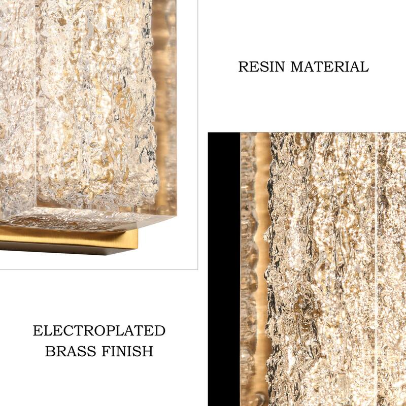 Mid-Century Modern 1-Light Gold LED Wall Sconces Glam Resin Rectangle Vanity Light Fixture for Bathroom