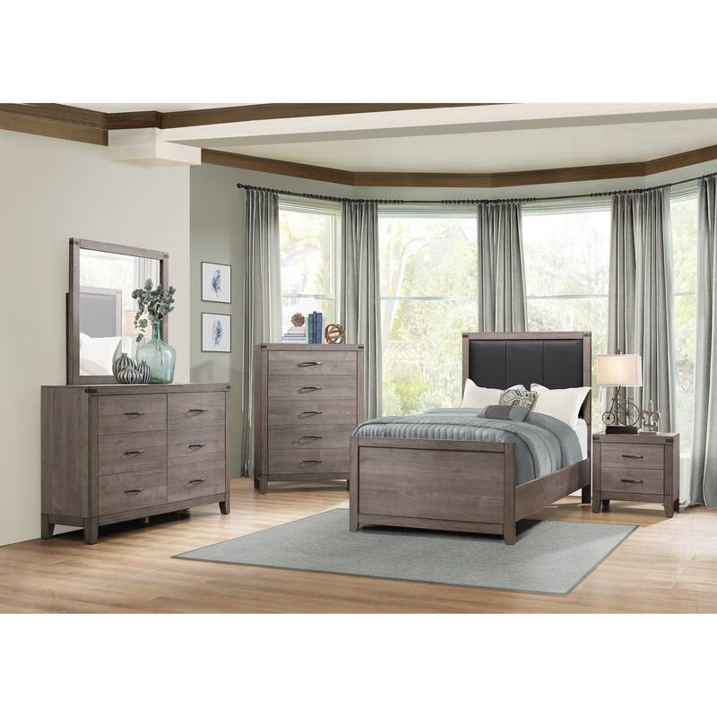 Industrial Twin Size Panel Bed with Faux Leather Headboard & Brownish Gray Finish