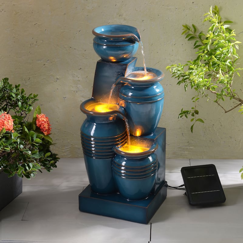 Teamson Home 28.74" 4-Tier Outdoor Fountain with LED Lights, Solar Powered, Weather-Resistant Faux Stone for Garden & Patio