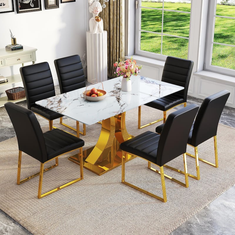 5-Piece Modern Tempered Glass Dining Table Set, 63-Inch Dining Table with 4 Minimalist Style Chairs