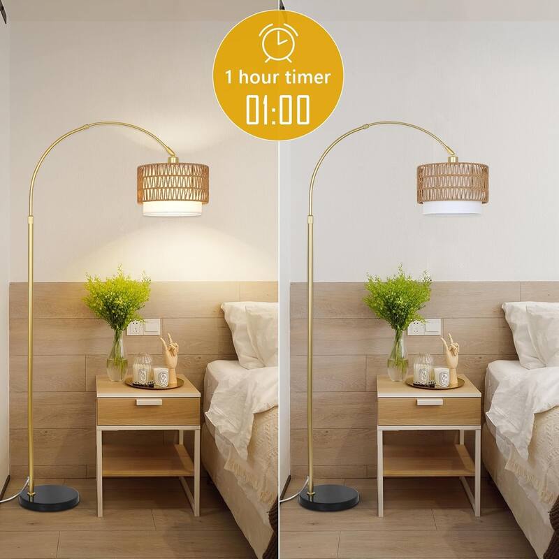 Arc Floor Lamp,Rattan & Linen Shades,Adjustable Height Floor Lamp with Remote & Dimming Bulb,Standing Lamp,3 Color Temperatures