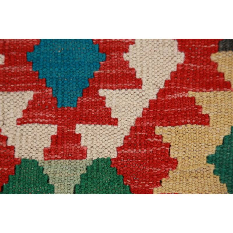 Hand Woven Oriental 100% Wool Carpet Southwestern Geometric Multi-Colored Kilim Runner Rug - 12' 11'' X 2' 9''