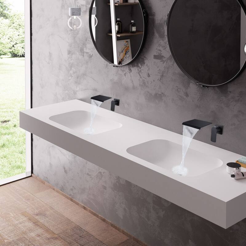 Square Double Hole Single Handle Waterfall Bathroom Basin Faucet - Matte Black