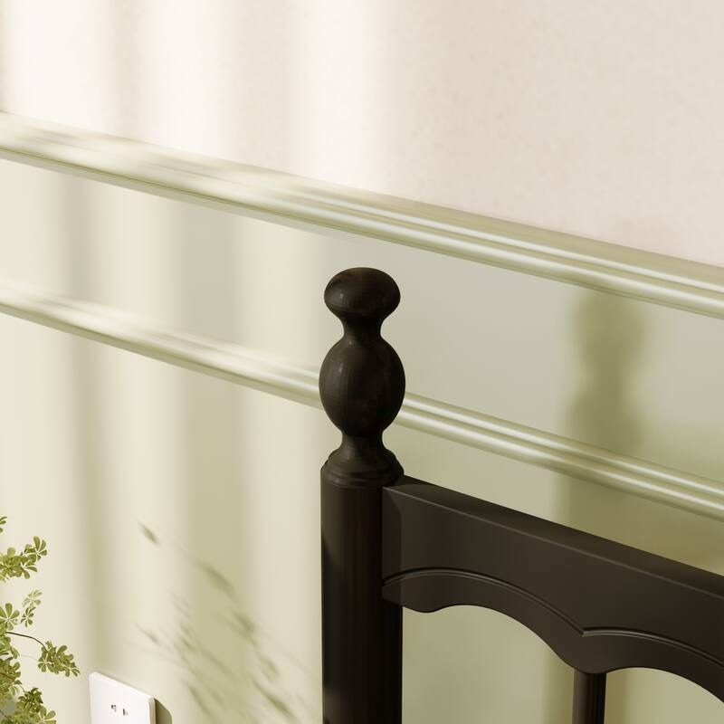 Solid Wood Bed Frame: Classic American - style Design with Black Finish and Rounded Post - tops